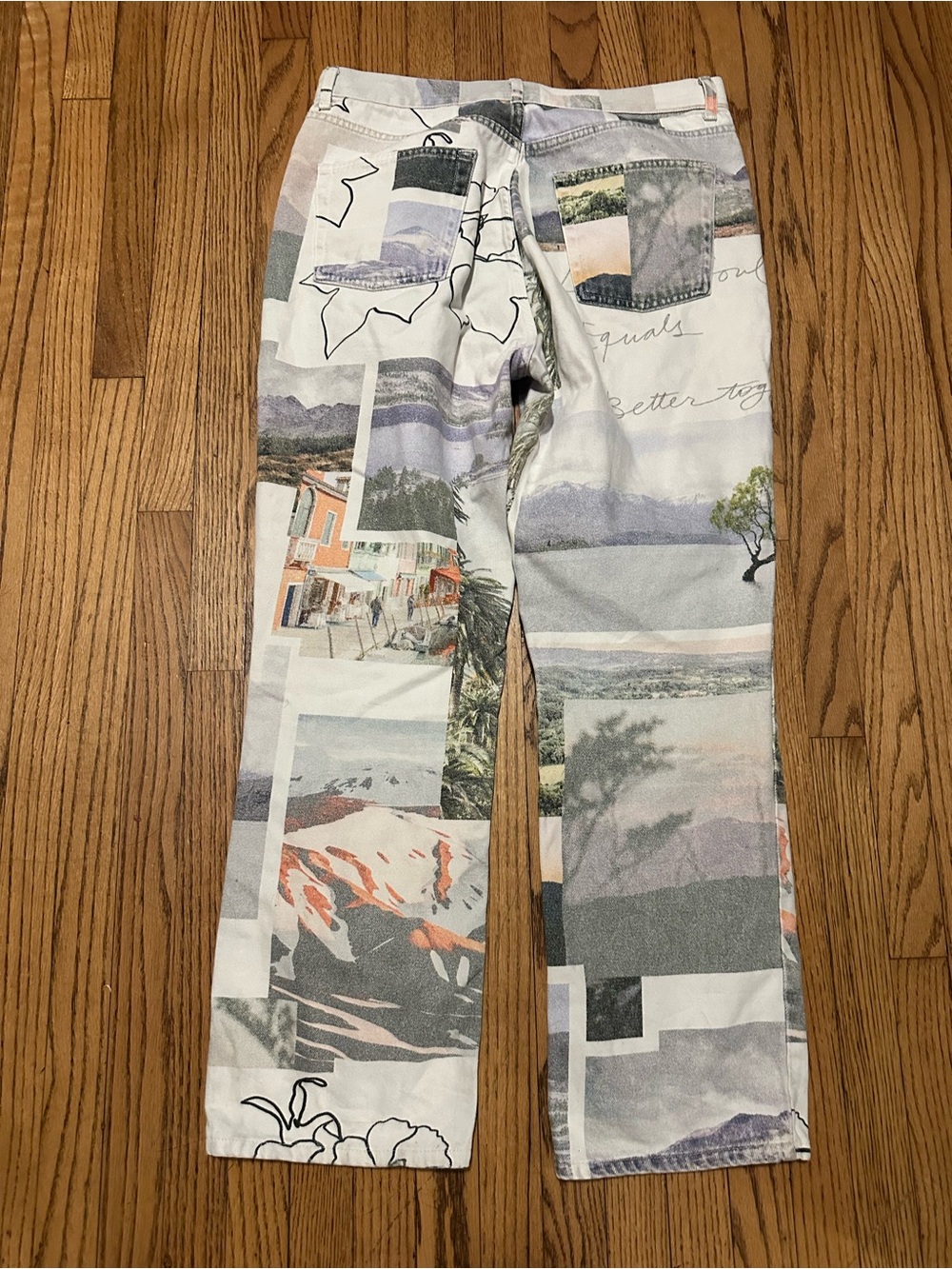 Scenic Collage Print Jeans in Pastel Neutrals